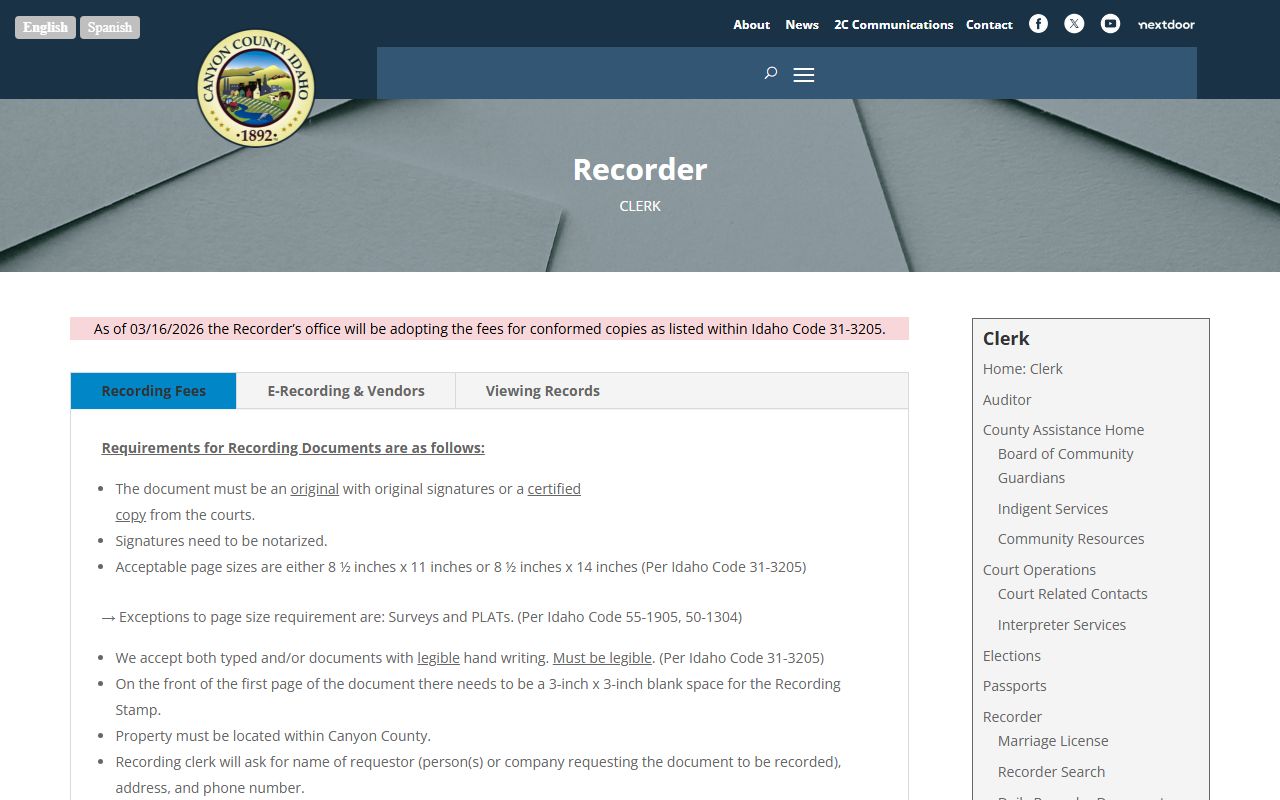 Canyon County Clerk records Recorder requirements page