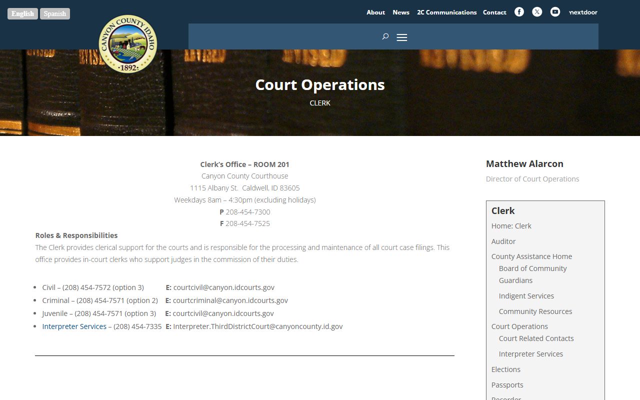 Canyon County Clerk records Court Operations page