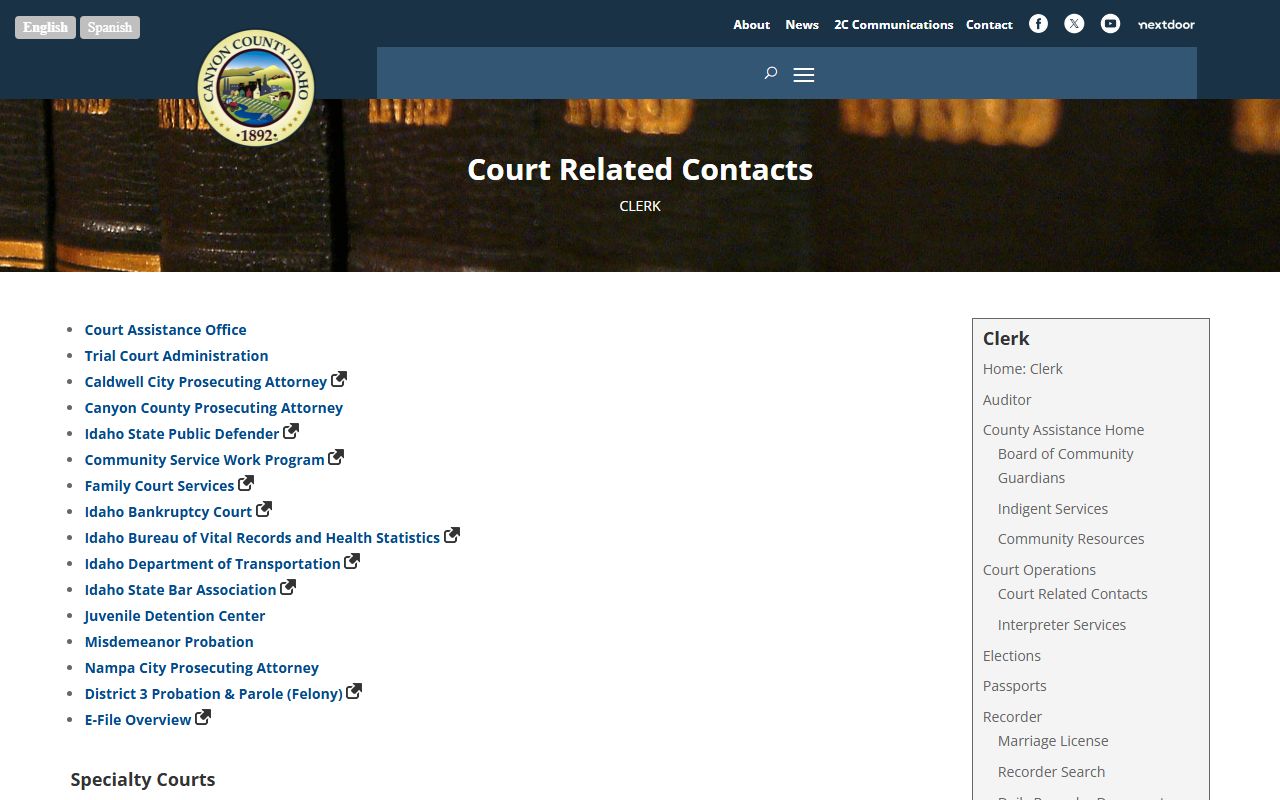 Canyon County Clerk records court-related contacts page