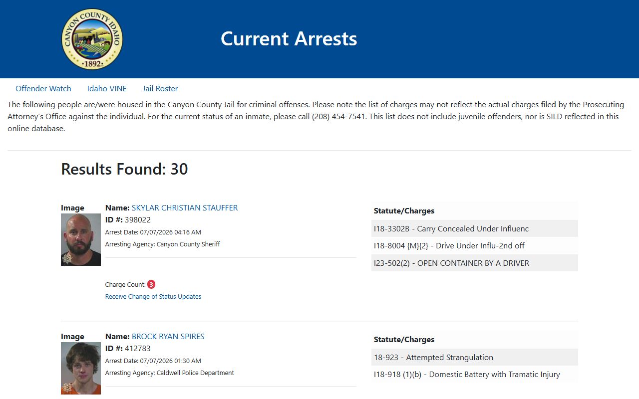 Canyon County arrest records current arrests page