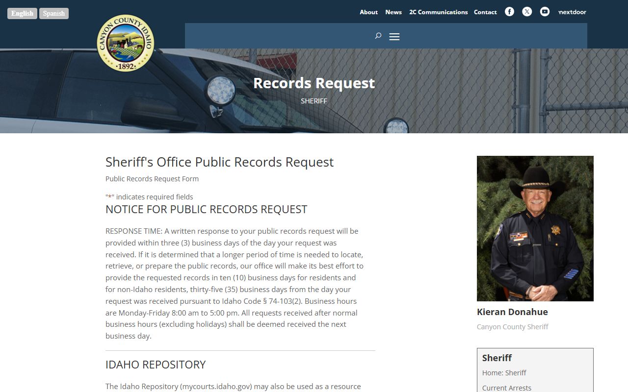 Canyon County arrest records sheriff records request