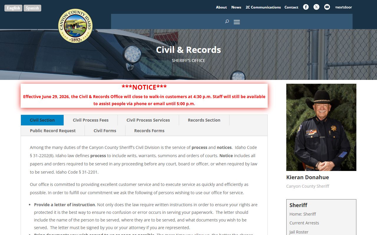 Canyon County arrest records sheriff civil and records