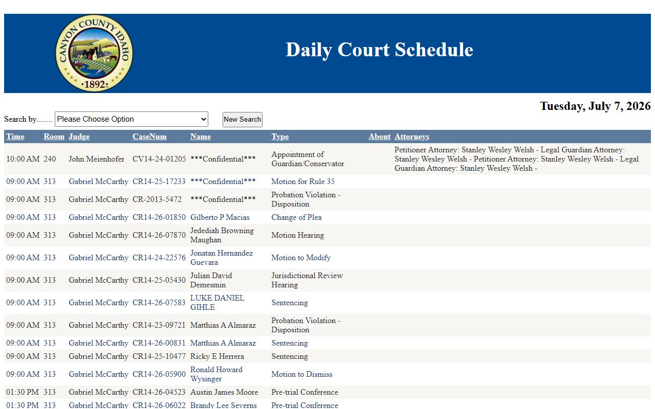 Canyon County court dockets daily court schedule