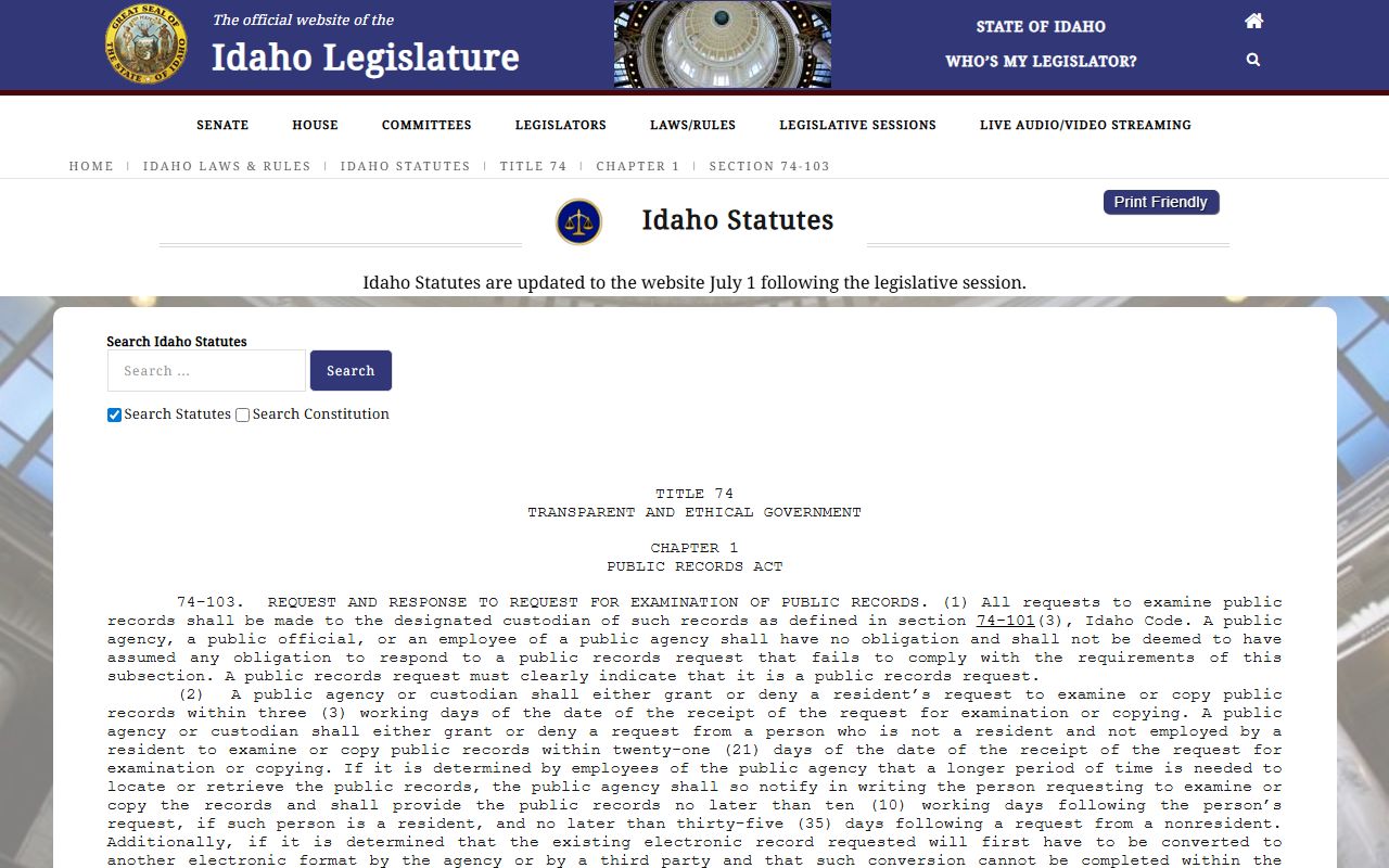 Canyon County court records Idaho Code 74-103 request procedure