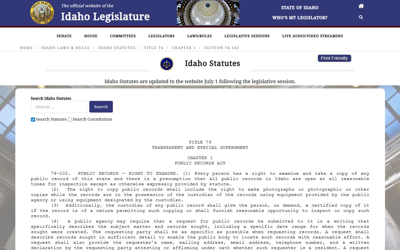 Canyon County court records Idaho Code 74-102 public records