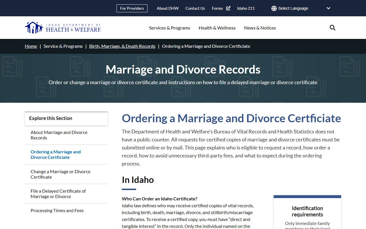 Canyon County marriage and divorce records Idaho certificate ordering page