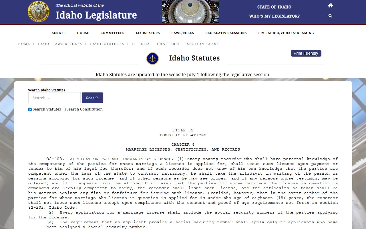 Canyon County marriage records Idaho Code 32-403 application requirements