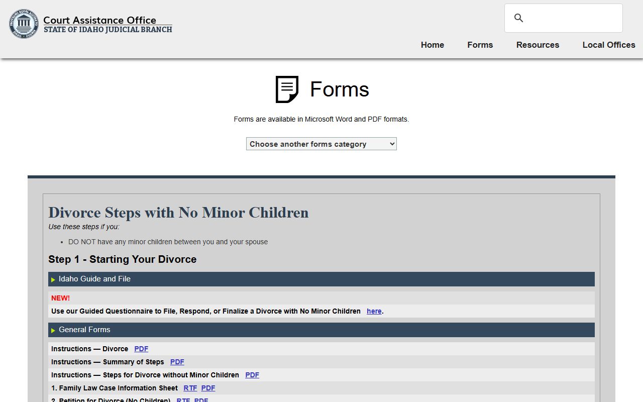 Canyon County divorce records Idaho Court Assistance Office divorce forms