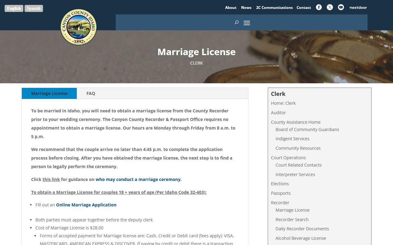 Canyon County marriage records local marriage license requirements