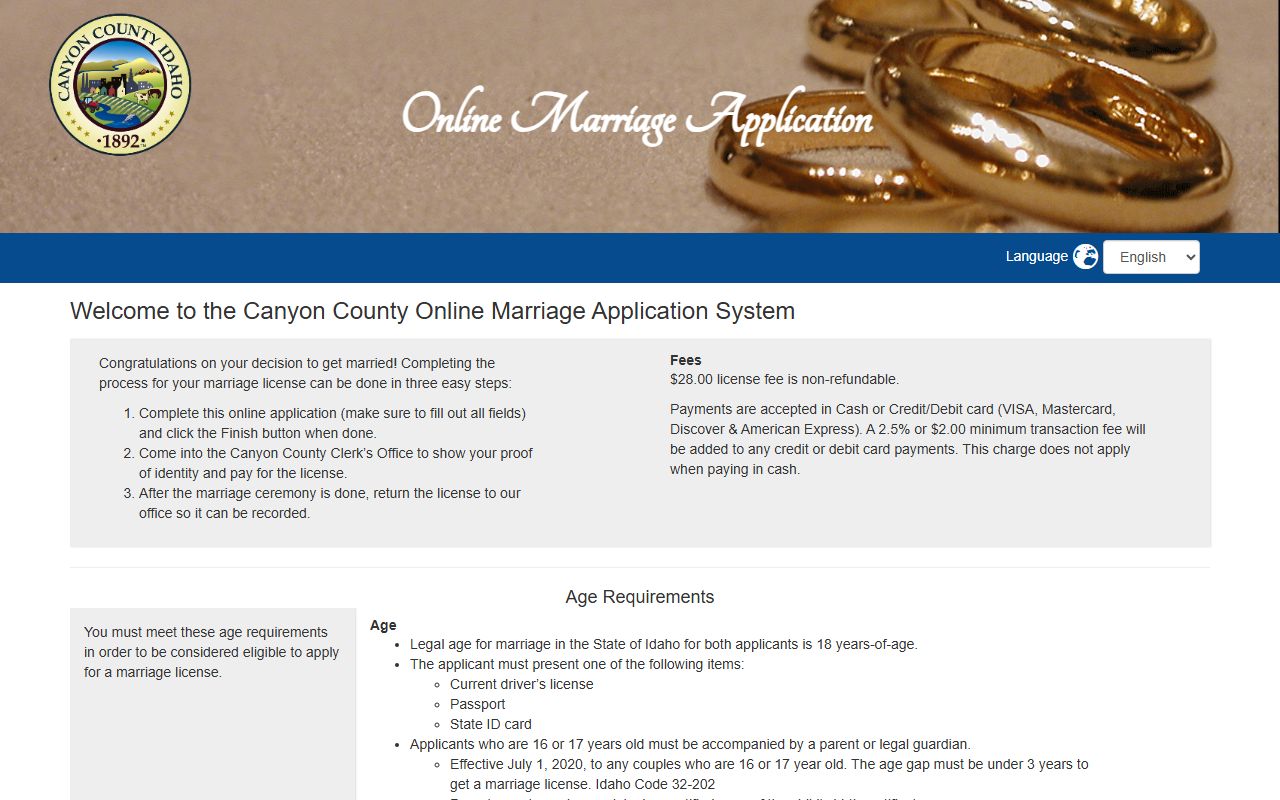 Canyon County marriage records online marriage application portal