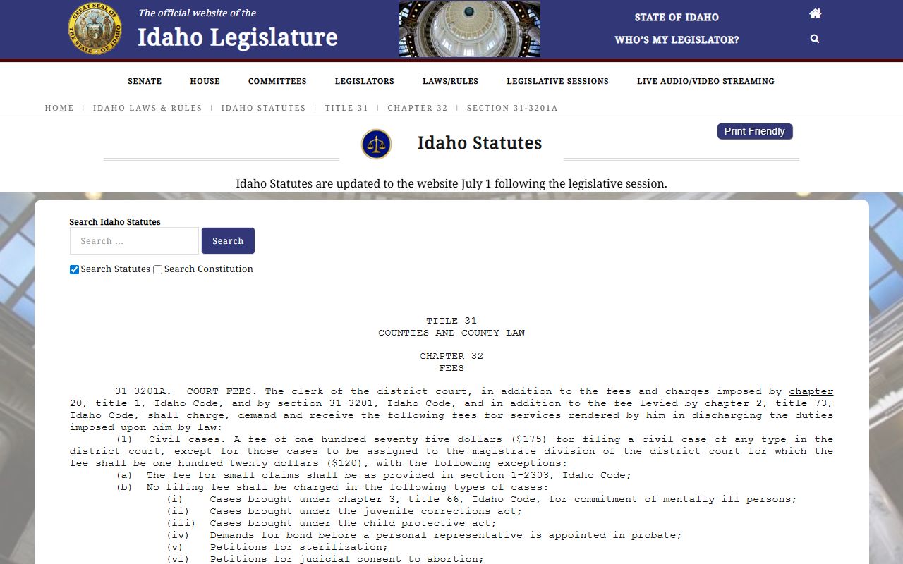 Canyon County probate records Idaho Code 31-3201A court fees