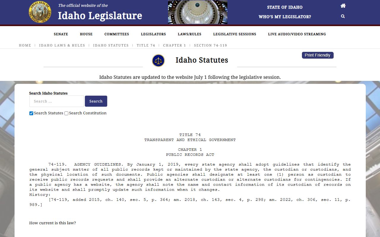 Canyon County warrant records Idaho Code 74-119 custodian rule