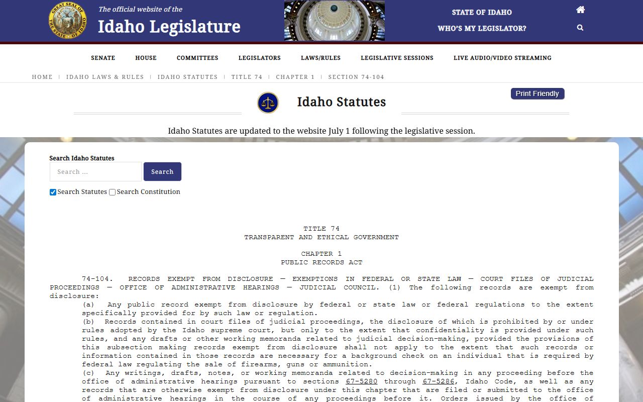 Canyon County warrant search Idaho Code 74-104 exemptions